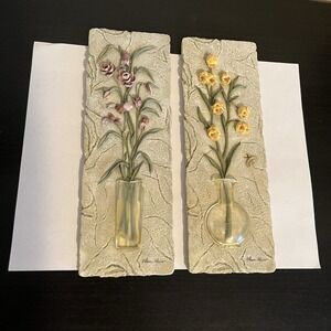 VTG Cheri Blum Floral 3D Wall  Plaque Set Of 2 90s Y2K Decor Shabby Chic